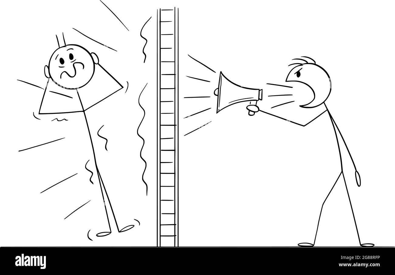 Person or Neighbor Doing Loud Noise Using Megaphone Behind Wall, Vector Cartoon Stick Figure
