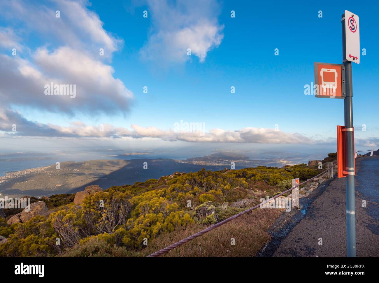 A view from the bus stop at the top of Mount Wellington (Kunanyi) overlooking Hobart, the capital city of Tasmania and the Derwent River in Australia Stock Photo