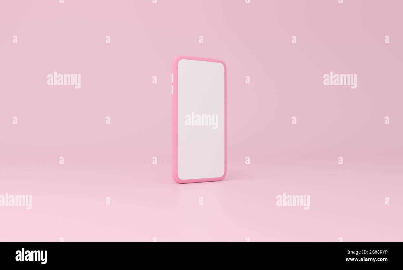 Pink mobile phone on studio background. 3d rendering. Stock Photo