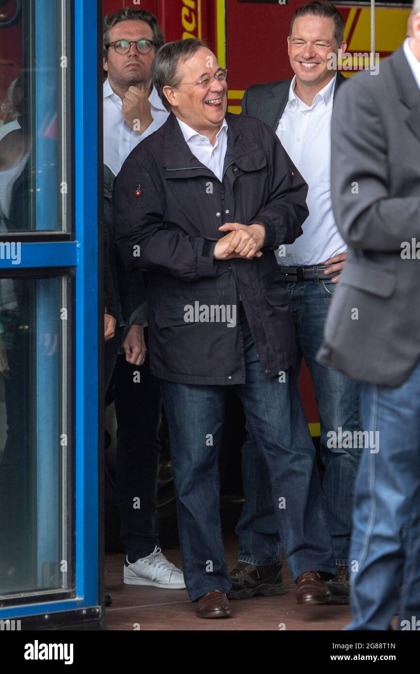 Cdu Leader And North Rhine Westphalia S State Premier Armin Laschet Laughs As The German President Unseen Delivers A Speech During Their Visit To Flood Hit Erftstadt Germany July 17 2021 Picture Taken July 17