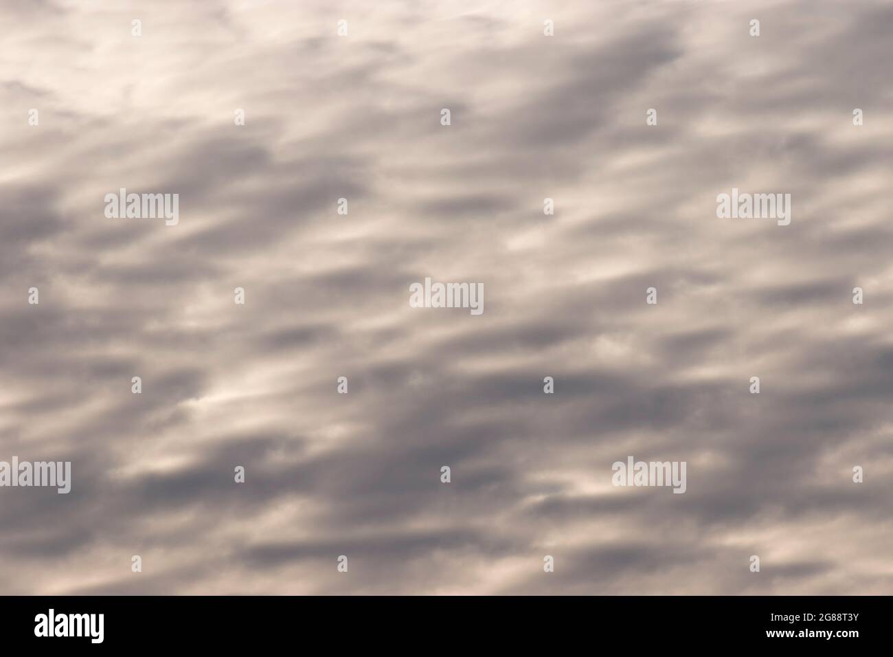 Grey and white stratocumulus cloud layer with a regular woven pattern appearance. Low level clouds, winter,  Australia. Background, copy space. Stock Photo