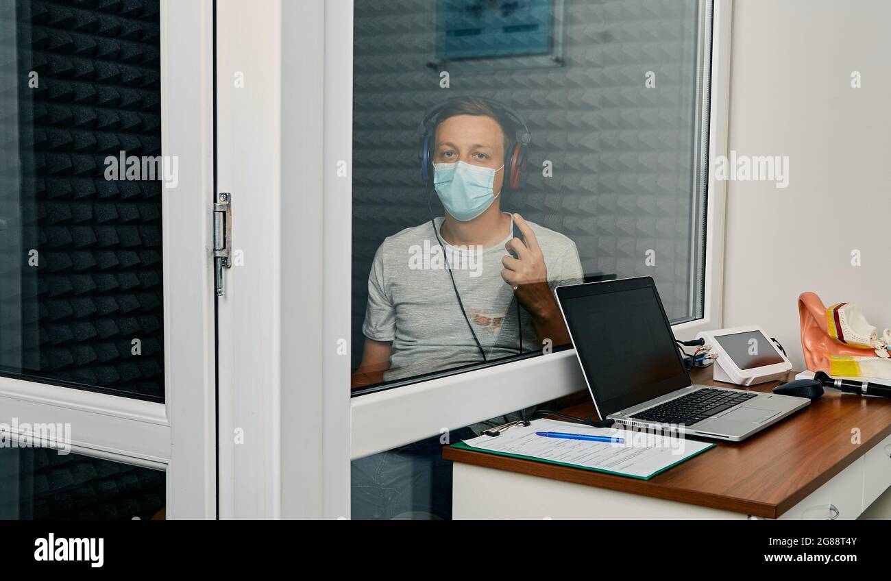 Adult Man Getting A Hearing Test At Audiology Center Audiometry Hearing Check Up Stock Photo Alamy