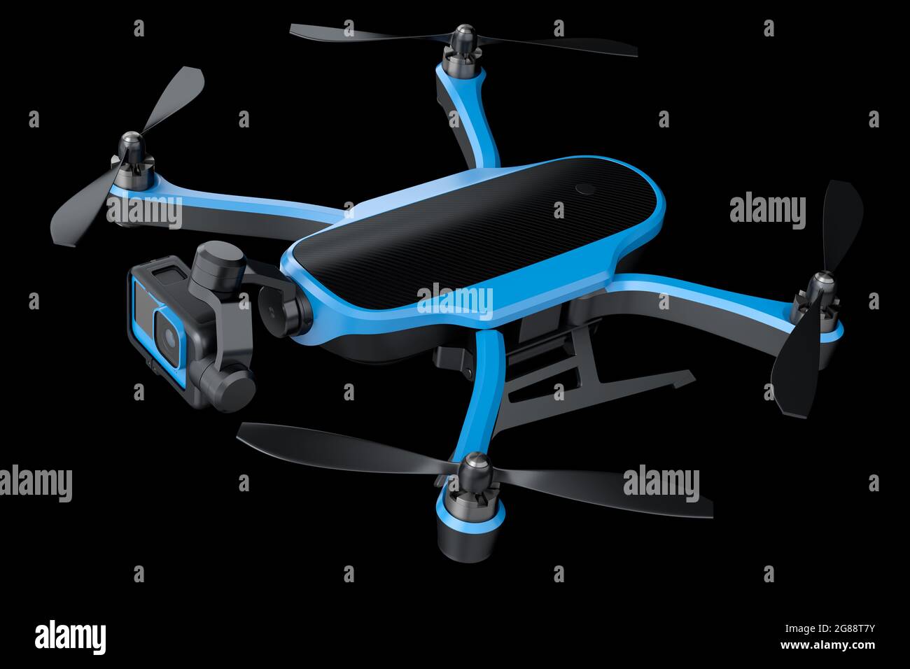 Flying photo and video drone or quadcopter with action camera isolated ...