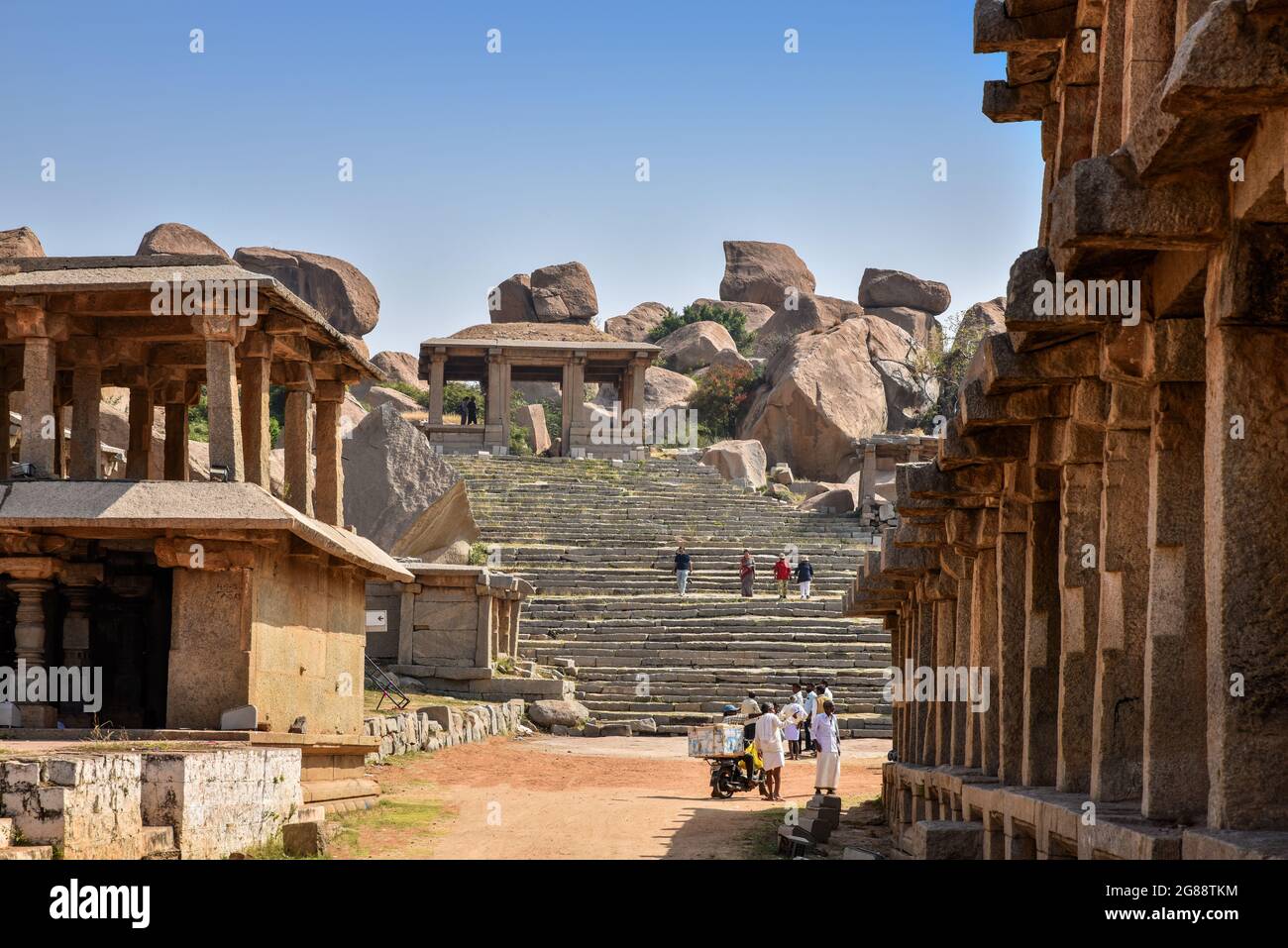 Hampi, Karnataka, India - January 13, 2020 : Ancient Vijayanagara Empire civilization ruins of Hampi Beautiful view of the amazing Hampi's ruins. Hamp Stock Photo