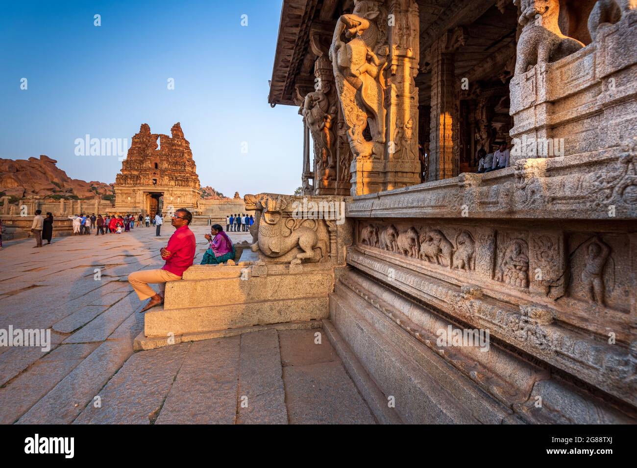 Hampi, Karnataka, India - January 10, 2020: Vijaya Vitthala Temple. Beautifully carved out of a monolith rock, a piece of intricate architectural marv Stock Photo
