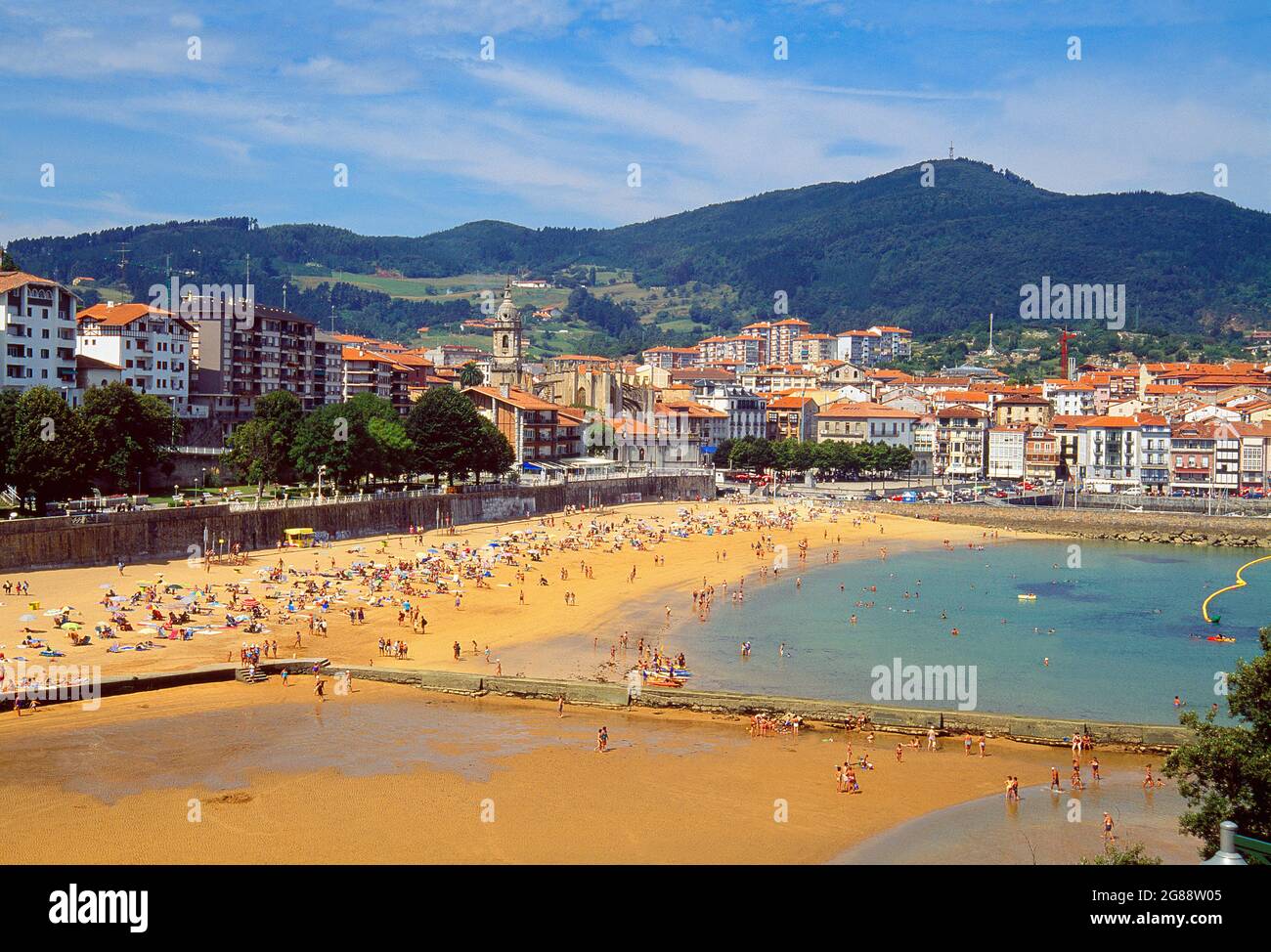 Overview and beach. Lequeitio, Vizcaya province, Basque Country, Spain. Stock Photo