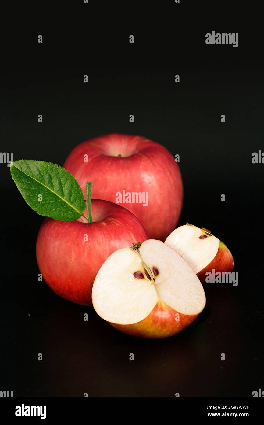 Group red apple on black background and isolate Stock Photo