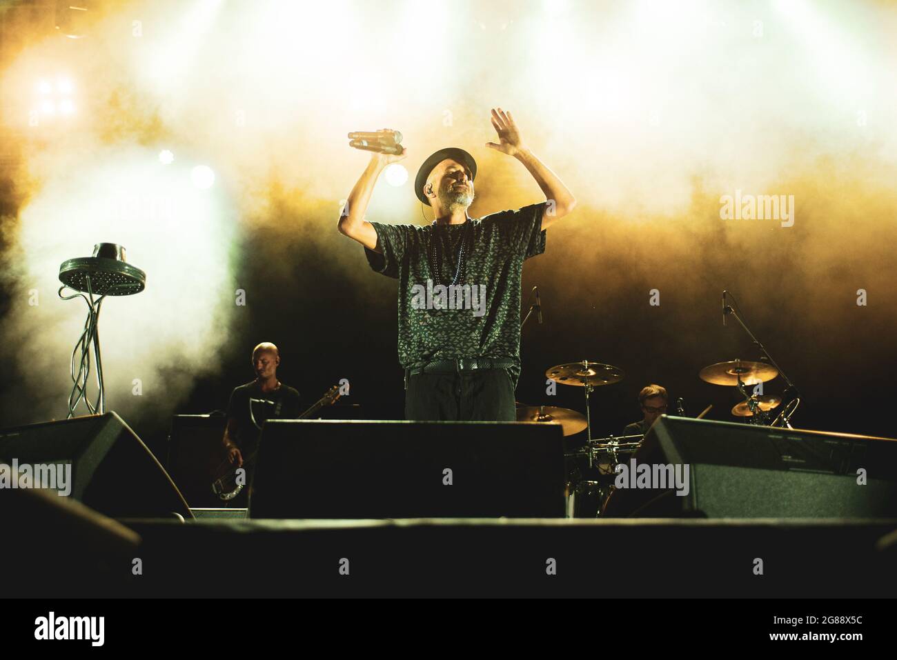 Collegno, Italy. 17th July, 2021. FLOWERS FESTIVAL, COLLEGNO, ITALY JULY  17TH: Samuel Romano, singer of the Italian rock/pop band Subsonica,  performing live on stage for the band's first summer 2021 tour concert. (