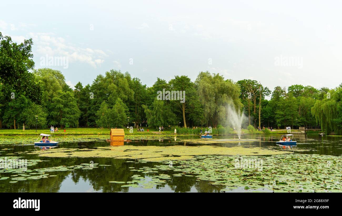 A pond with a fountain, water lilies in the park of the city of Zelenogradsk, Kaliningrad region, Russia in summer day. Stock Photo