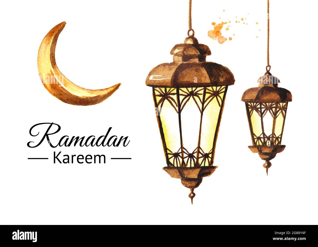 Ramadan Kareem greeting card with lanterns and Crescent. Watercolor hand drawn illustration, isolated on white background Stock Photo