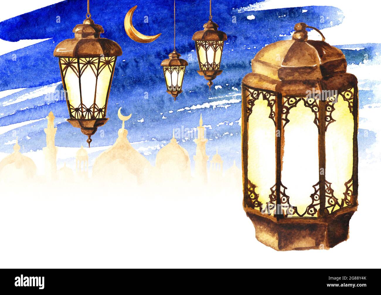 Ramadan Kareem background with Lanterns. Watercolor hand drawn illustration Stock Photo