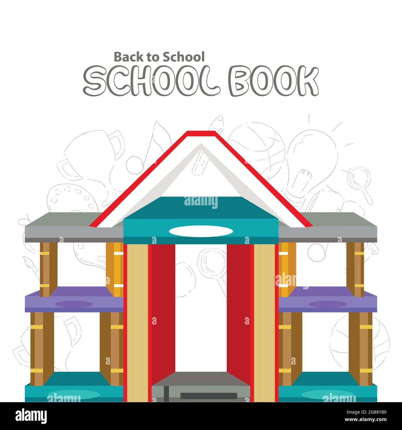 Illustration of Back to School. School building made with using books. Stock Vector