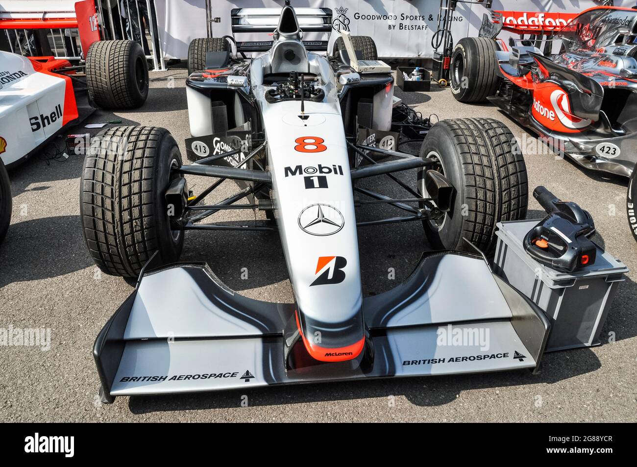 McLaren MP4/13 Formula 1, Grand Prix racing car in the assembly area at the Goodwood Festival of Speed 2013.1998 Formula One World Championship F1 car Stock Photo