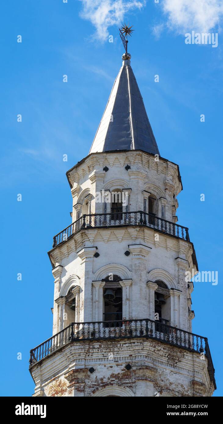 Leaning Tower of Nevyansk in summer day. The top and tiers of tower in the town of Nevyansk in Sverdlovsk Oblast, Russia built in the 18th century. Stock Photo