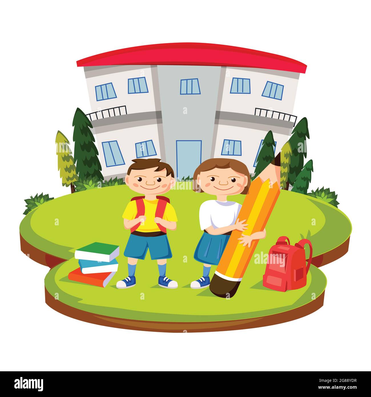 Illustration of Back to School. Students happily stand in front of the school. The poster is decorated with School buildings, books, and school bags. Stock Vector
