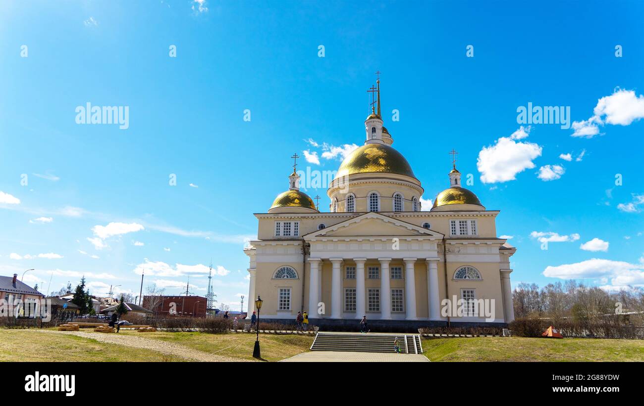 Spaso-Preobrazhensky Cathedral or Old Believers' church (domed) near of Leaning Tower, Nevyansk city, Sverdlovsk oblast, Russia. Stock Photo