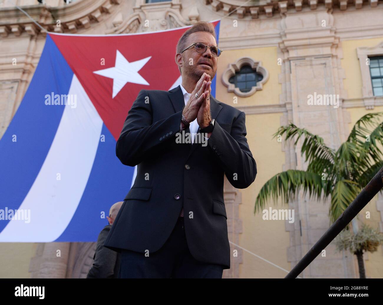 MIAMI, FL - JULY 17: Willy Chirino speaks as Cuban Americans show support for protestors in Cuba during the Rally For Democracy at the Freedom Tower on July 17, 2021 in Miami Florida. Credit: mpi04/MediaPunch Stock Photo