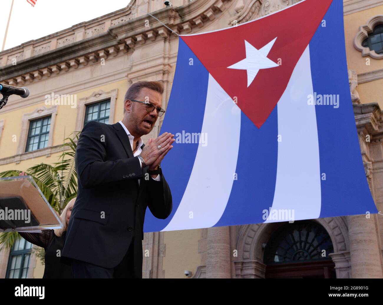MIAMI, FL - JULY 17: Willy Chirino speaks as Cuban Americans show support for protestors in Cuba during the Rally For Democracy at the Freedom Tower on July 17, 2021 in Miami Florida. Credit: mpi04/MediaPunch Stock Photo