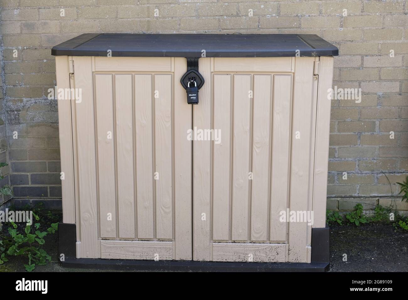 Large lockable garden storage box Stock Photo