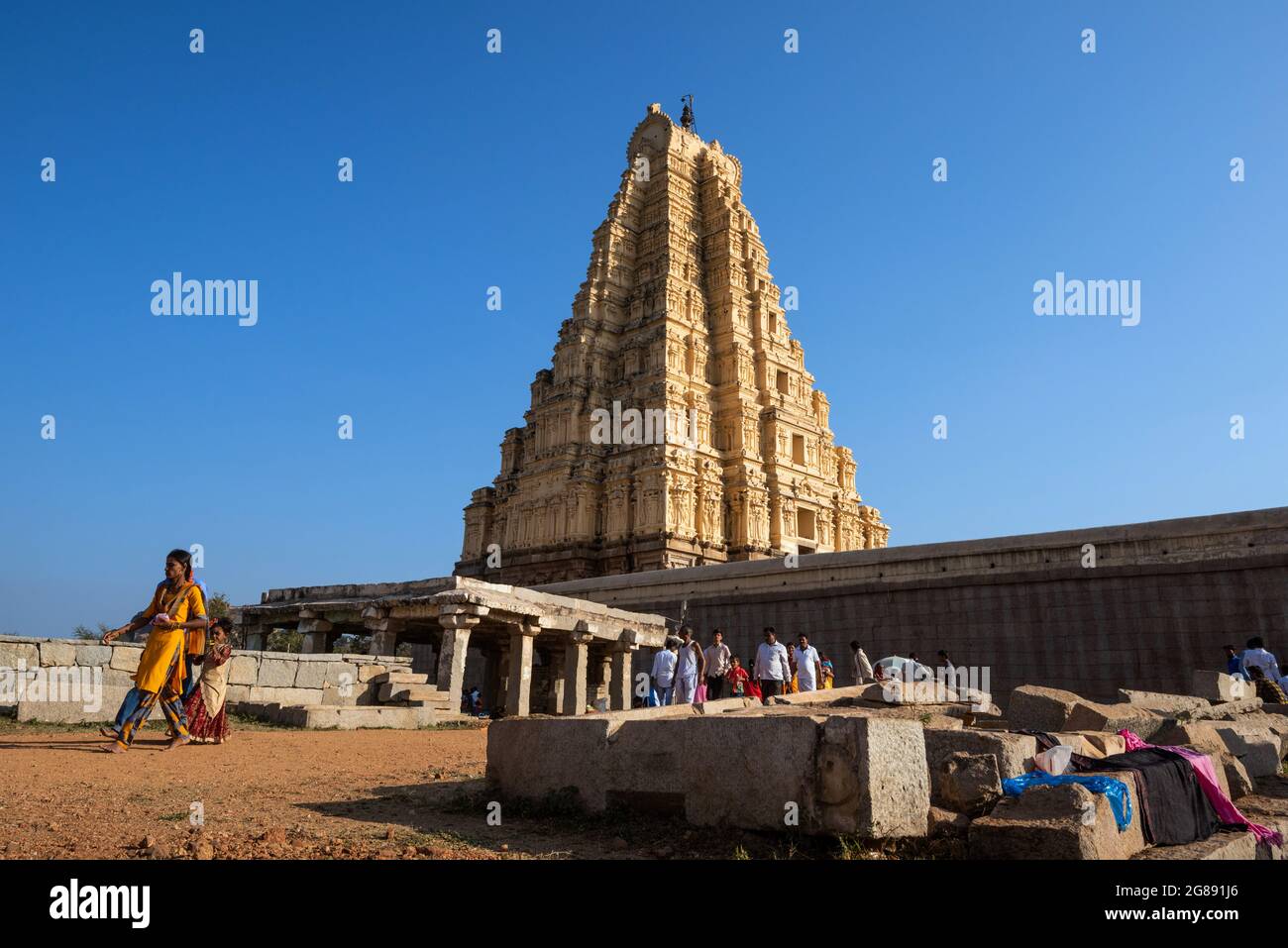 Hampi, Karnataka, India - January 12, 2020 : Stunning view at Sree Virupaksha Temple, located in the ruins of ancient city Vijayanagar at Hampi, it is Stock Photo