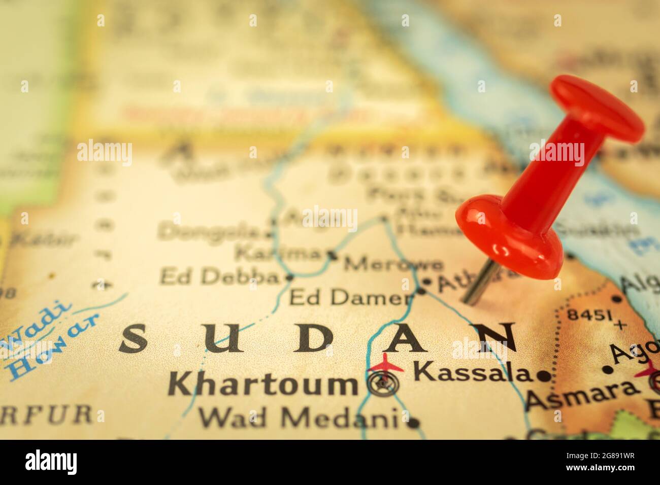 Location Sudan, map with push pin closeup, travel and journey concept 