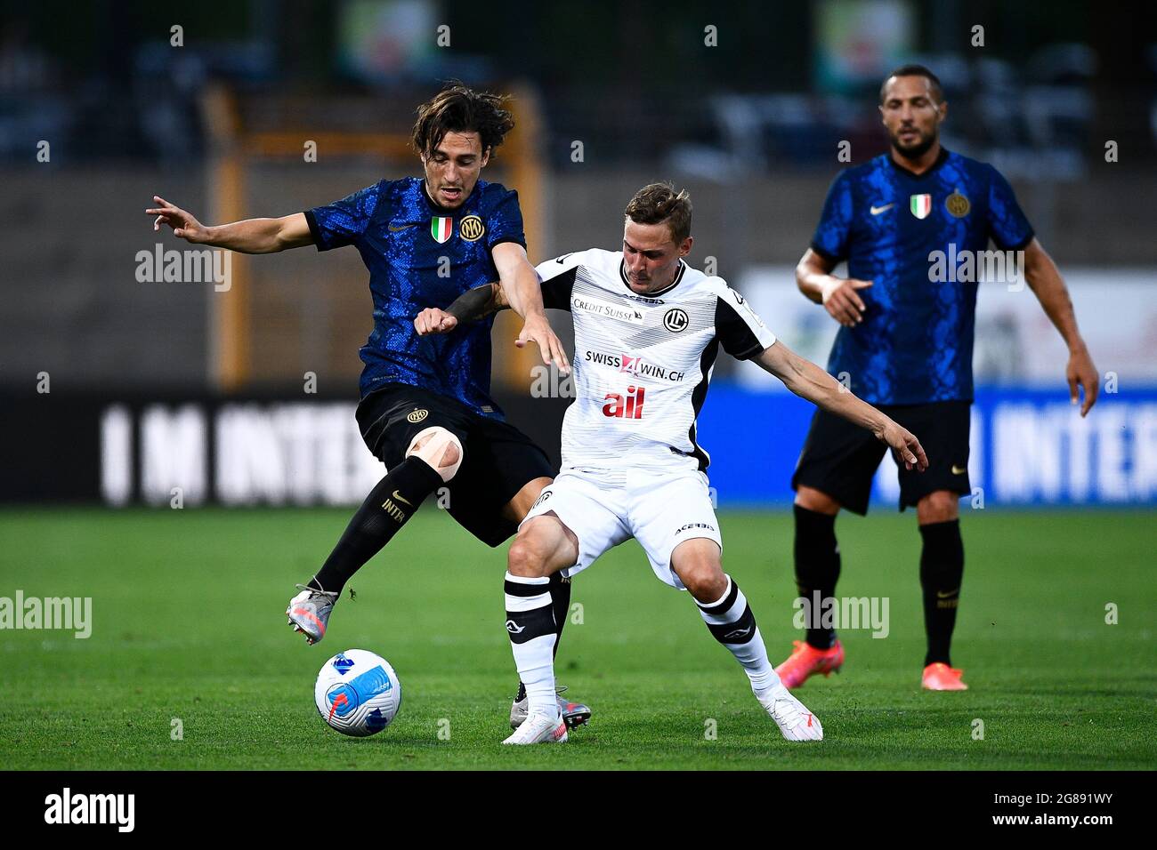 Brussels, Belgium. 24th Aug, 2023. Lugano's Allan Arigoni and Lugano's  Mattia Bottani pictured during a soccer game between Belgian Royale Union  Saint Gilloise and Swiss FC Lugano, Thursday 24 August 2023 in
