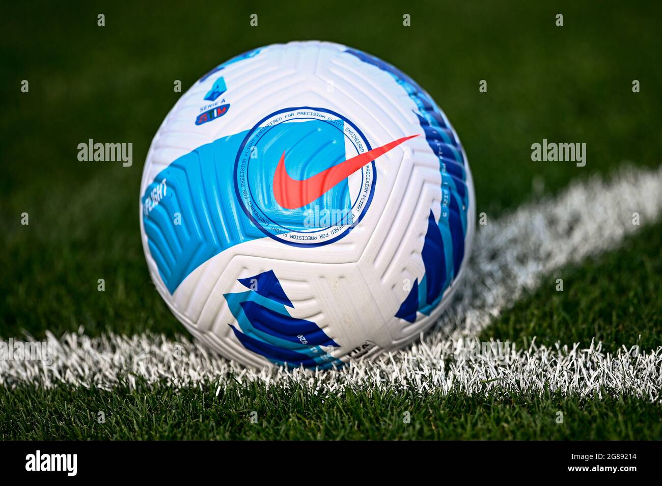 Lugano, Switzerland. 17 July 2021. Official Serie A match ball 'Nike Flight'  is seen prior to the pre-season friendly football match between FC Lugano  and FC Internazionale. Regular time ended 2-2, FC