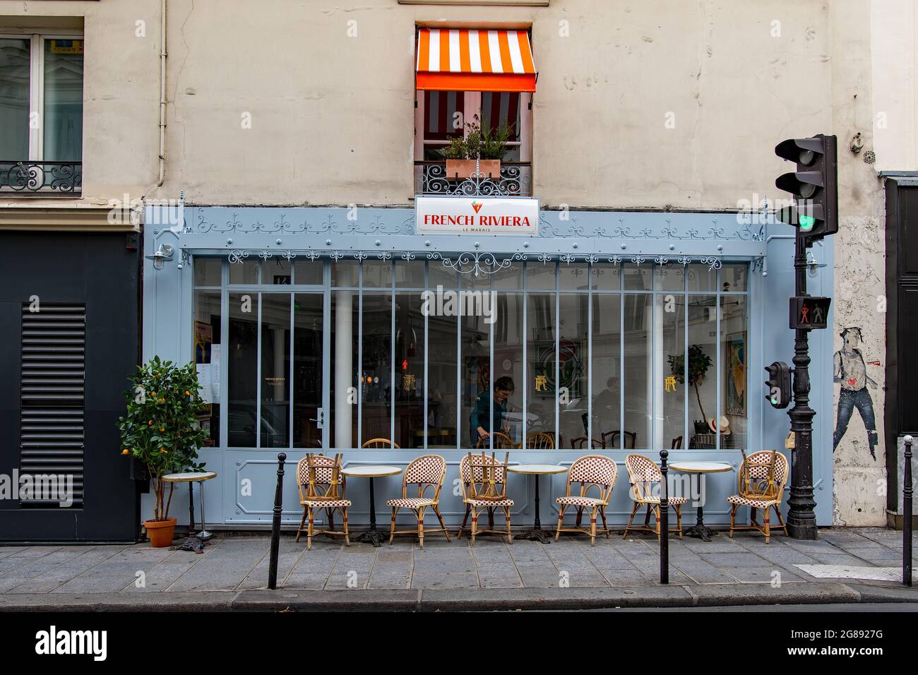 The blue exterior of the cafe restaurant Stock Photo - Alamy