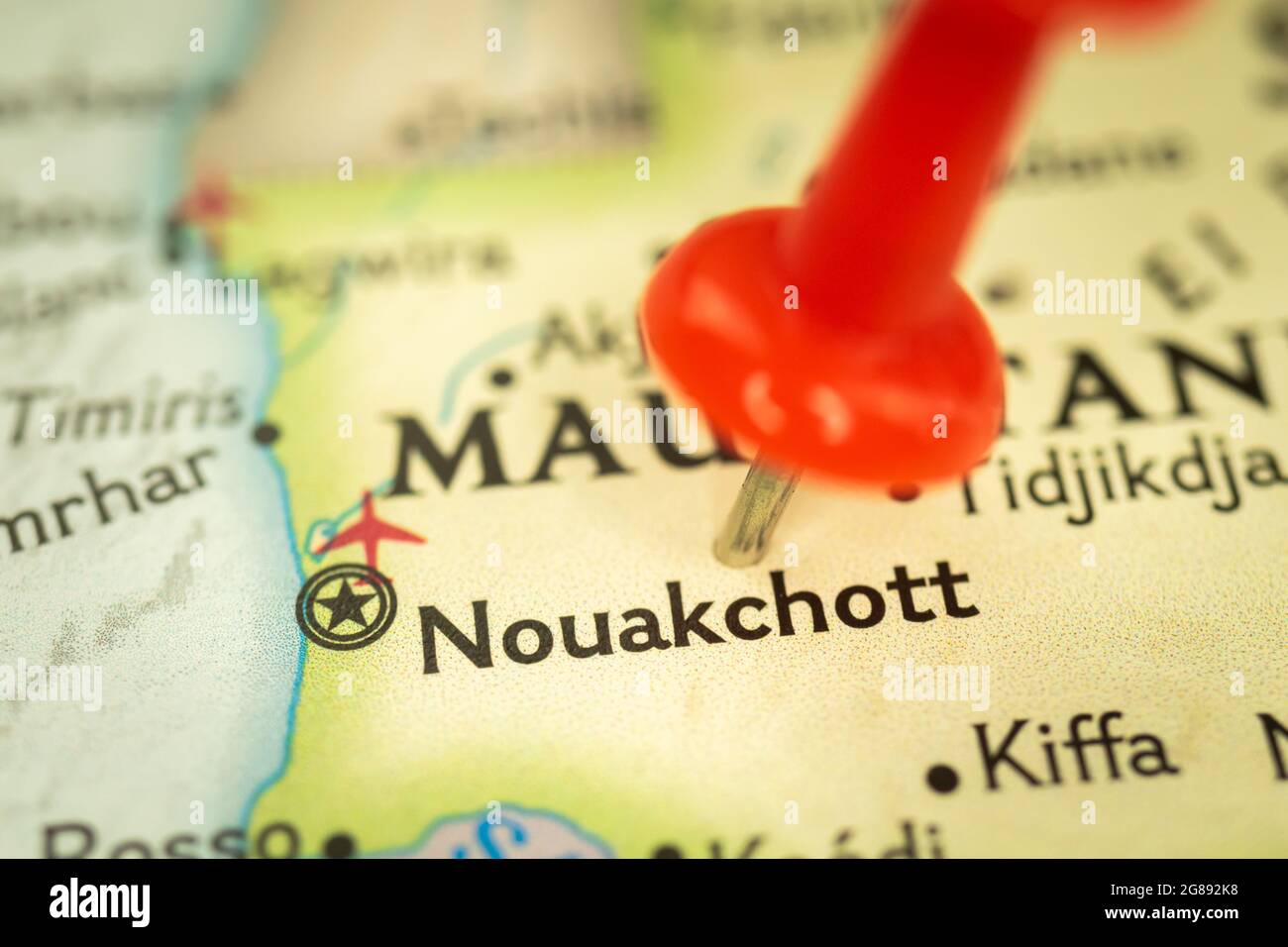 Location Nouakchott in Mauritania, map with push pin closeup, travel and journey concept with marker, Africa Stock Photo