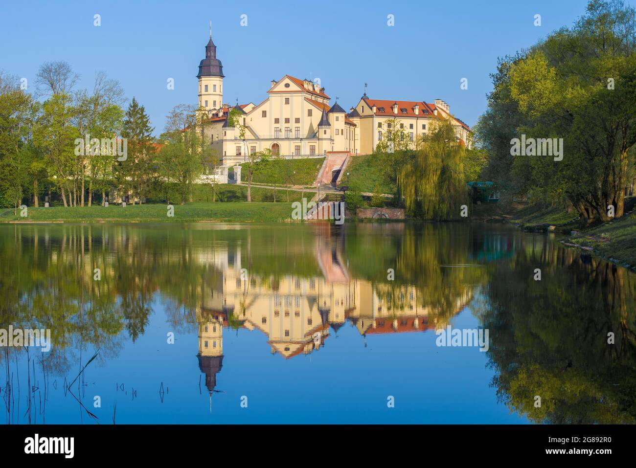 View of the ancient Nesvizh castle on a sunny May morning. Belarus Stock Photo