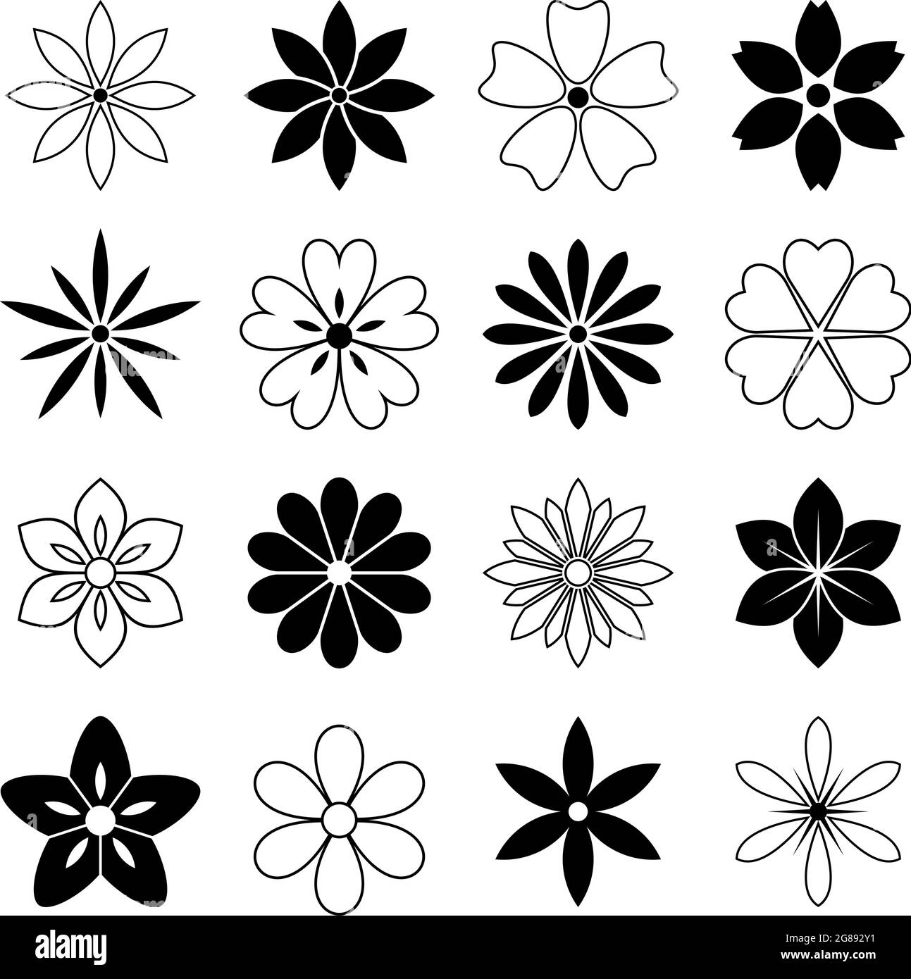 Simple flower vector set on white isolated background. Each flower in one black united shape. Color changable. Stock Vector
