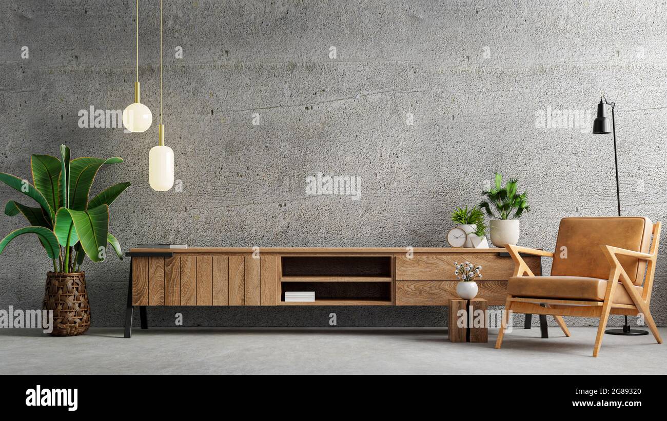 Living room interior have cabinet for tv and leather armchair in cement ...