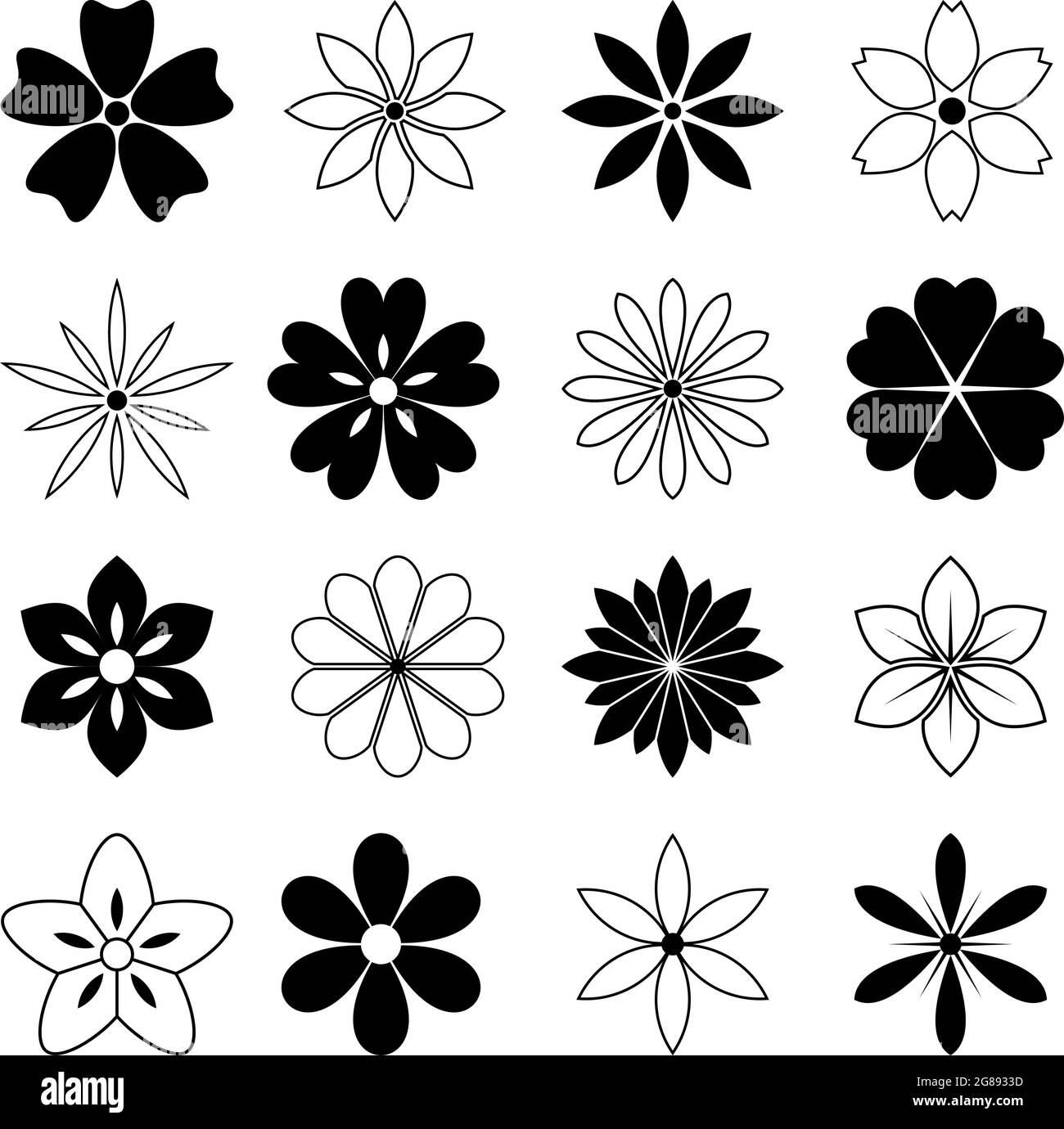 Simple flower vector set on white isolated background. Each flower in one black united shape. Color changable. Stock Vector