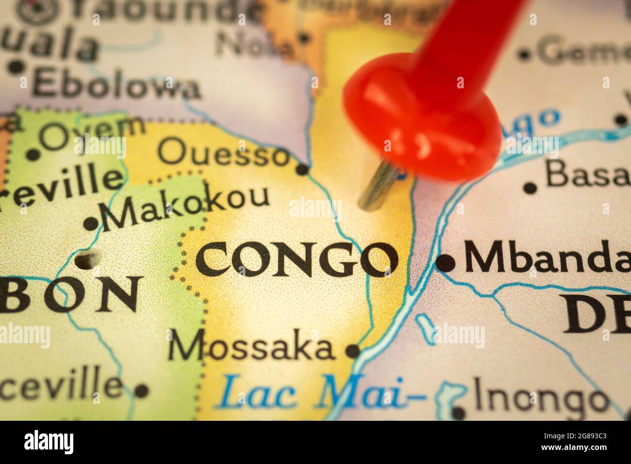 Location Congo, map with push pin closeup, travel and journey concept with marker, Africa Stock Photo