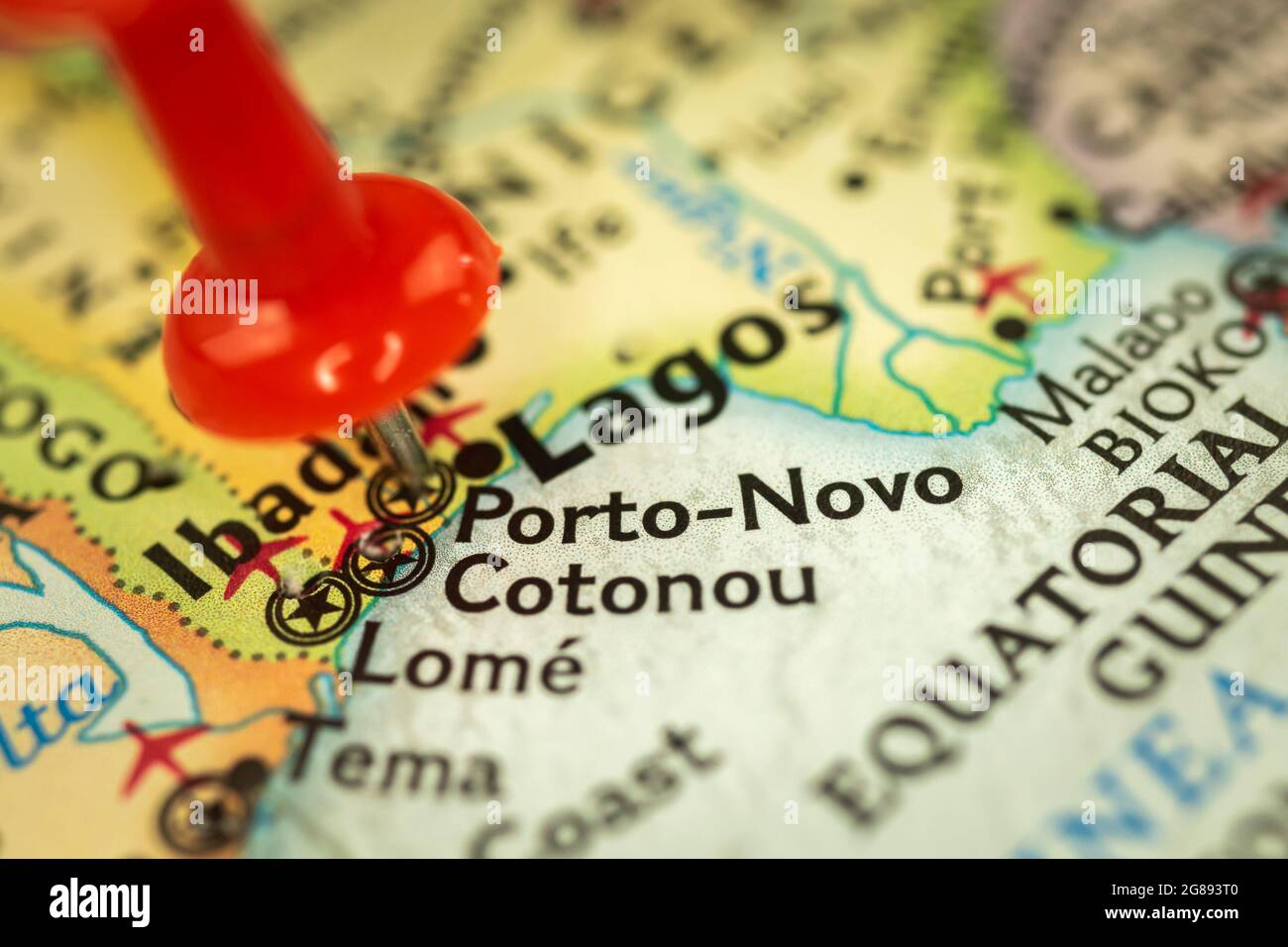 Location Porto-Novo in Benin, map with push pin closeup, travel and journey concept with marker, Africa Stock Photo
