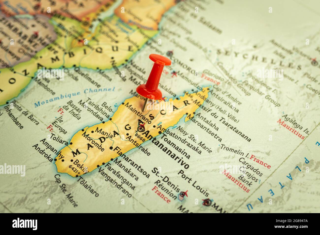 Location Madagascar, Map With Push Pin Closeup, Travel And Journey 