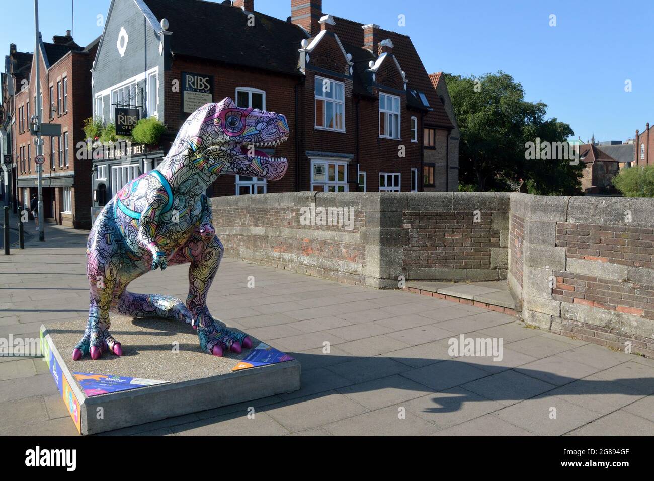 Raising awareness for childrens charity 'Break', Beverley Gene Coraldean's GoGoDiscover T.Rex sculpture 'Eyela the T.spex' on Fye Bridge, Norwich Stock Photo