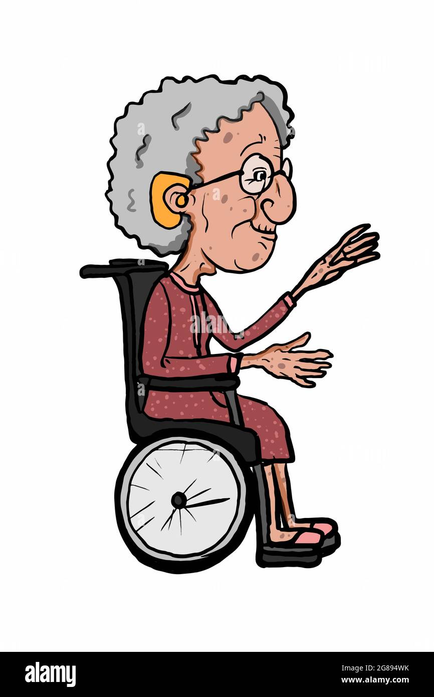 old woman characters sitting in a wheelchair illustration Stock Photo -  Alamy