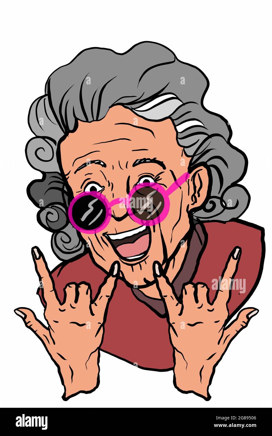 smiling grandma or old woman characters portrait illustration and making punk symbol and wearing sunglasses Stock Photo