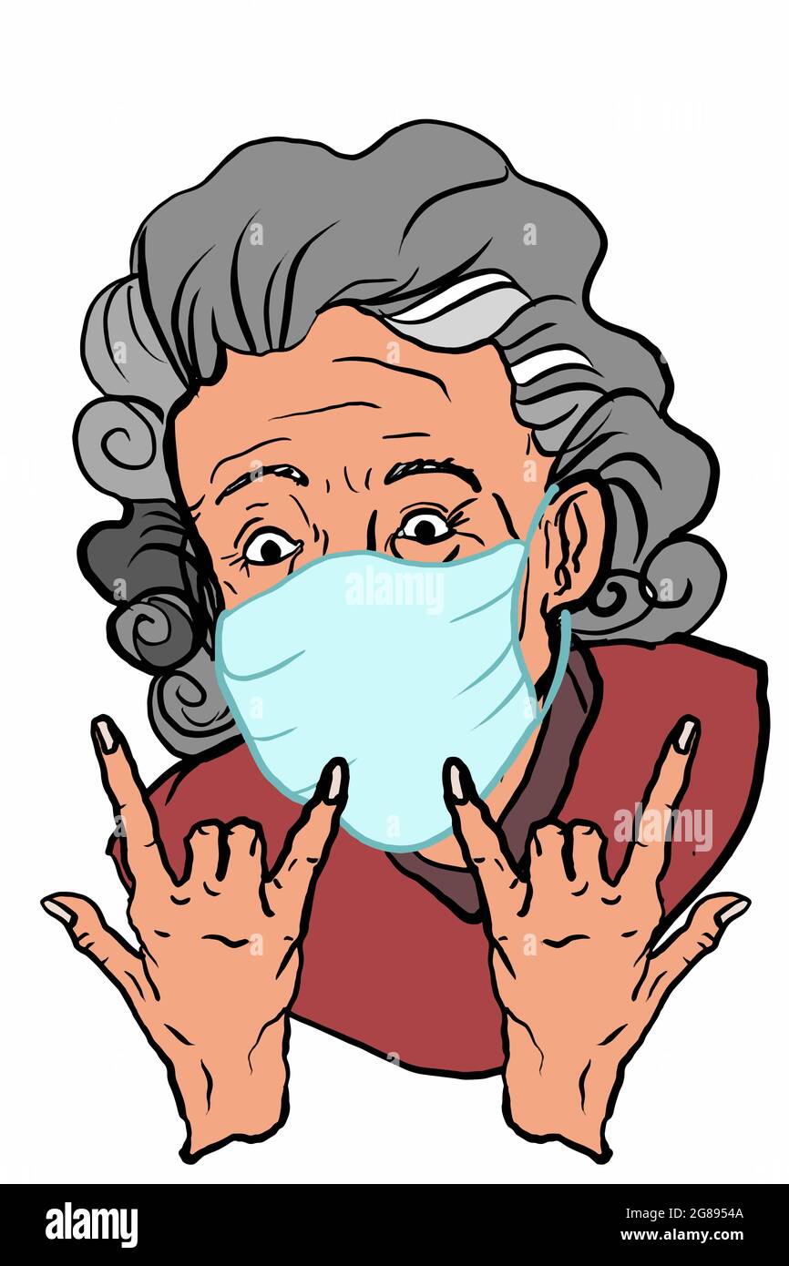smiling grandma or old woman characters portrait illustration and making punk symbolan taking face mask Stock Photo