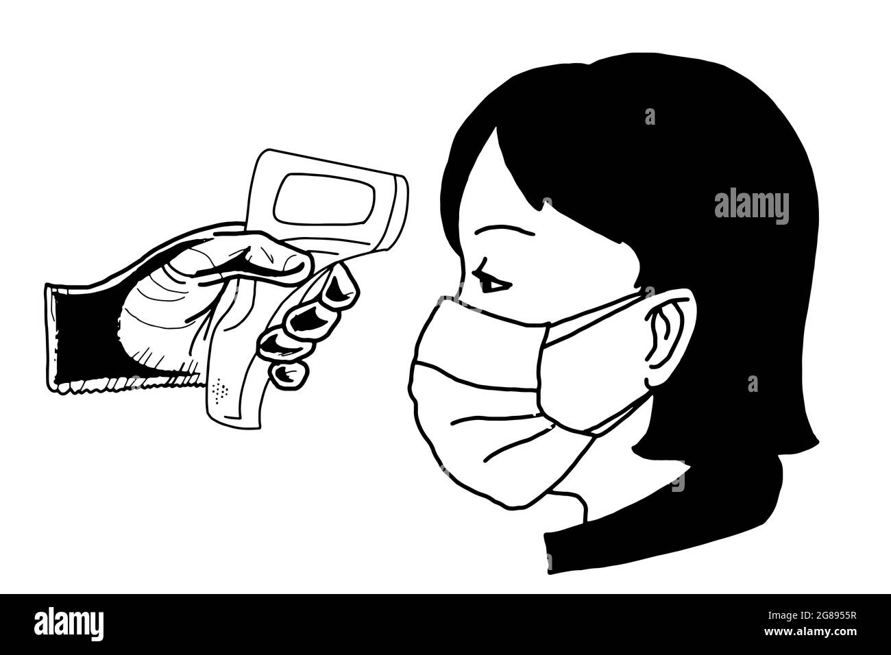 Temperature measurement by a laser thermometer and wearing face mask person head  black white colors Stock Photo