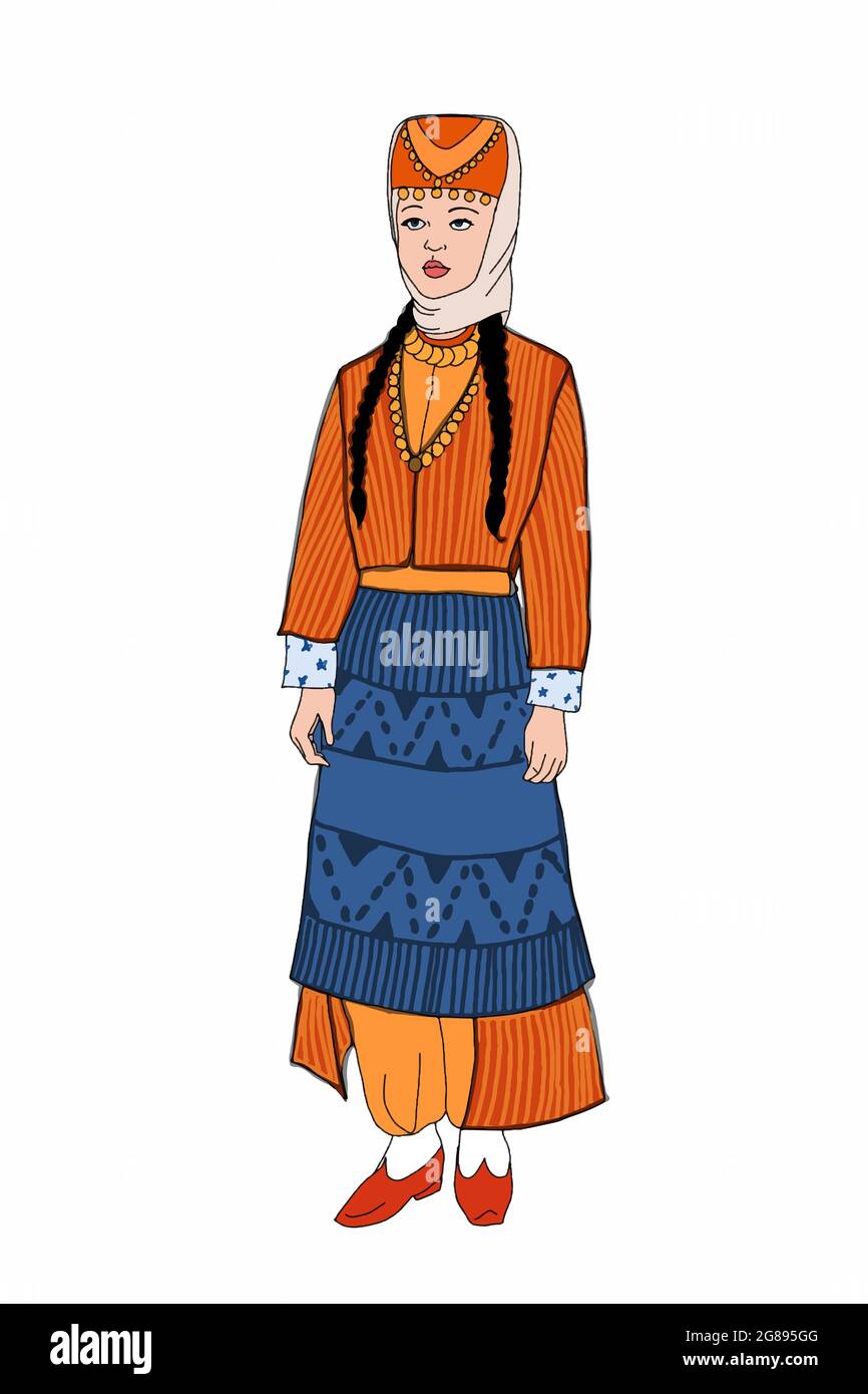 traditional woman standing and  wearing turkish culture clothes illustration Stock Photo