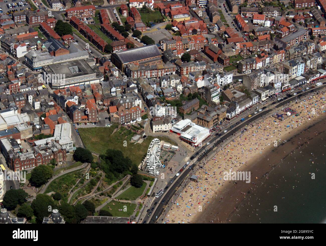 Aerial photo of the South Bay in Scarborough showing part of the Old Town and town centre and Town Hall Stock Photo