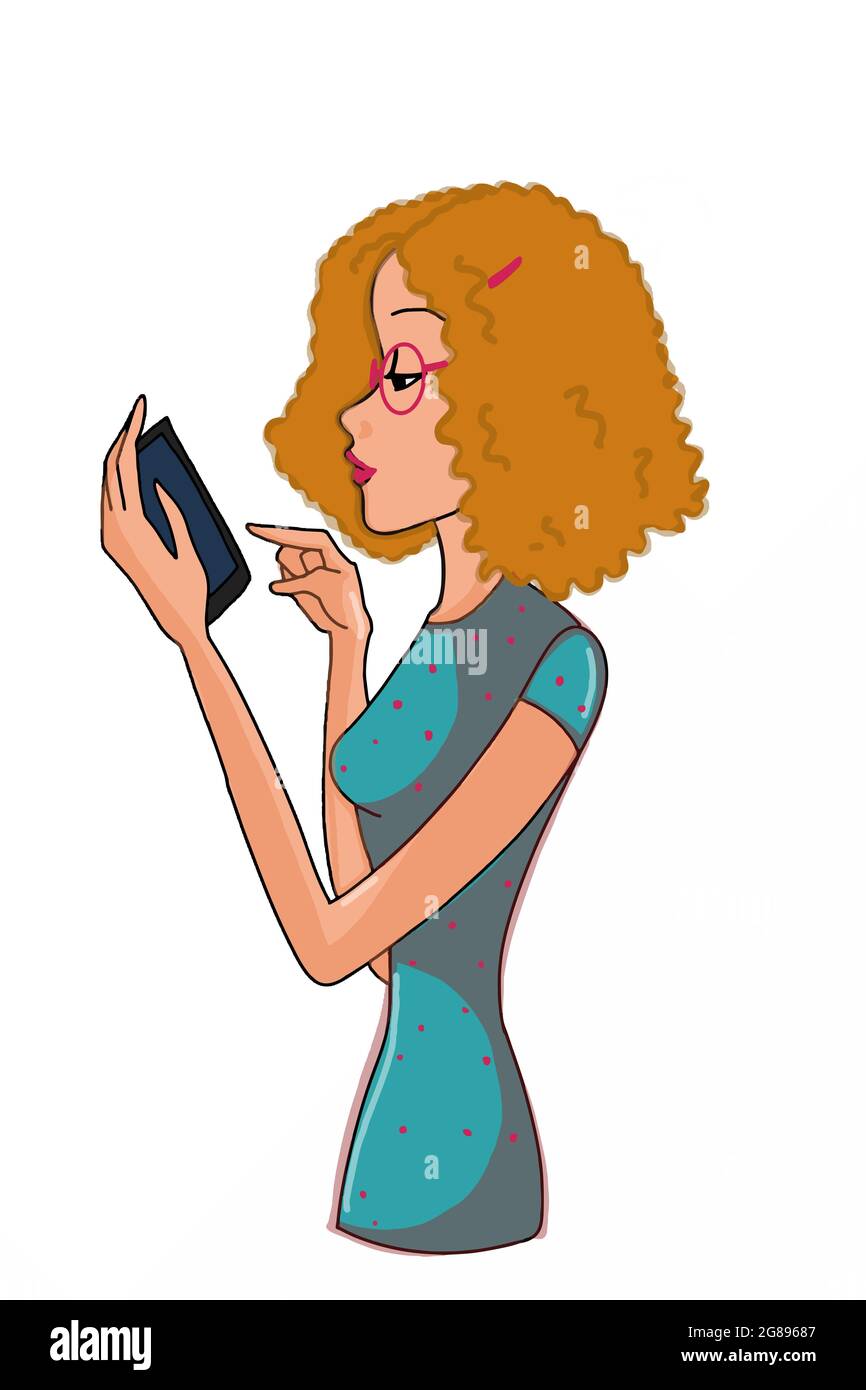 cartoon half body female and mobile phone in hand illustration Stock Photo