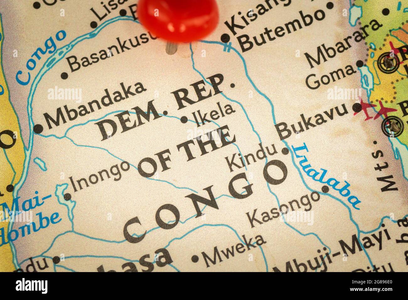 Location Democratic republic of the Congo, map with push pin closeup, travel and journey concept with marker, Africa Stock Photo