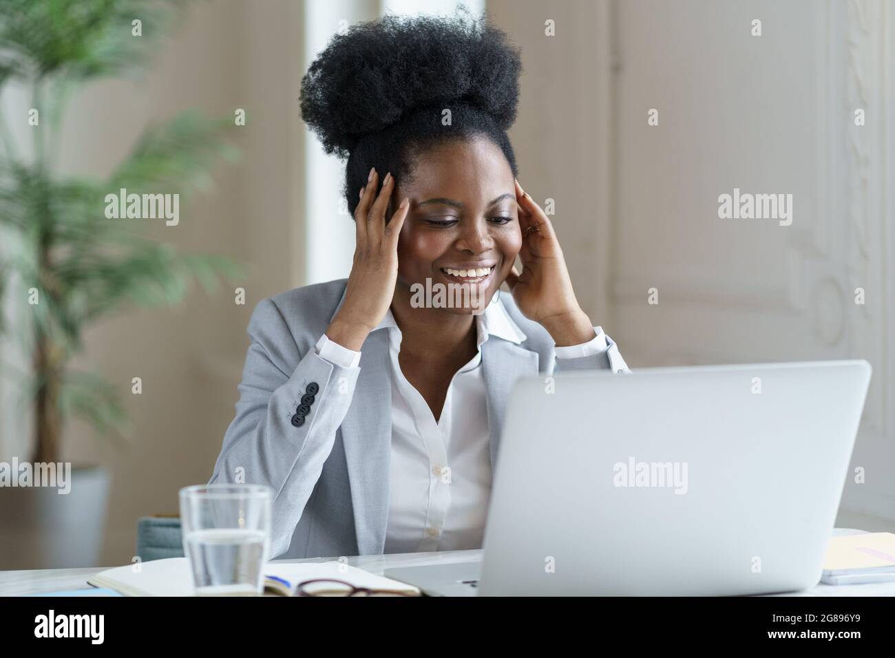 Excited african businesswoman read positive news email with job offer ...