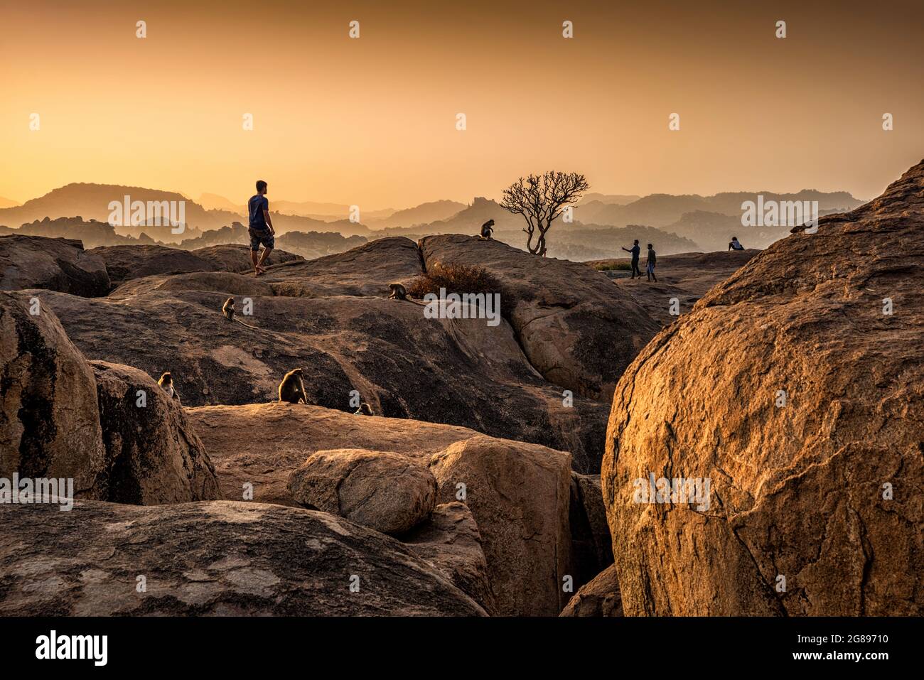 Hampi, Karnataka, India - January 15, 2020 : Sunset view of Kishkinda, Anjanadri Hill, (Monkey Temple) Anjaneya Parvat, the birthplace of Hanuman God, Stock Photo