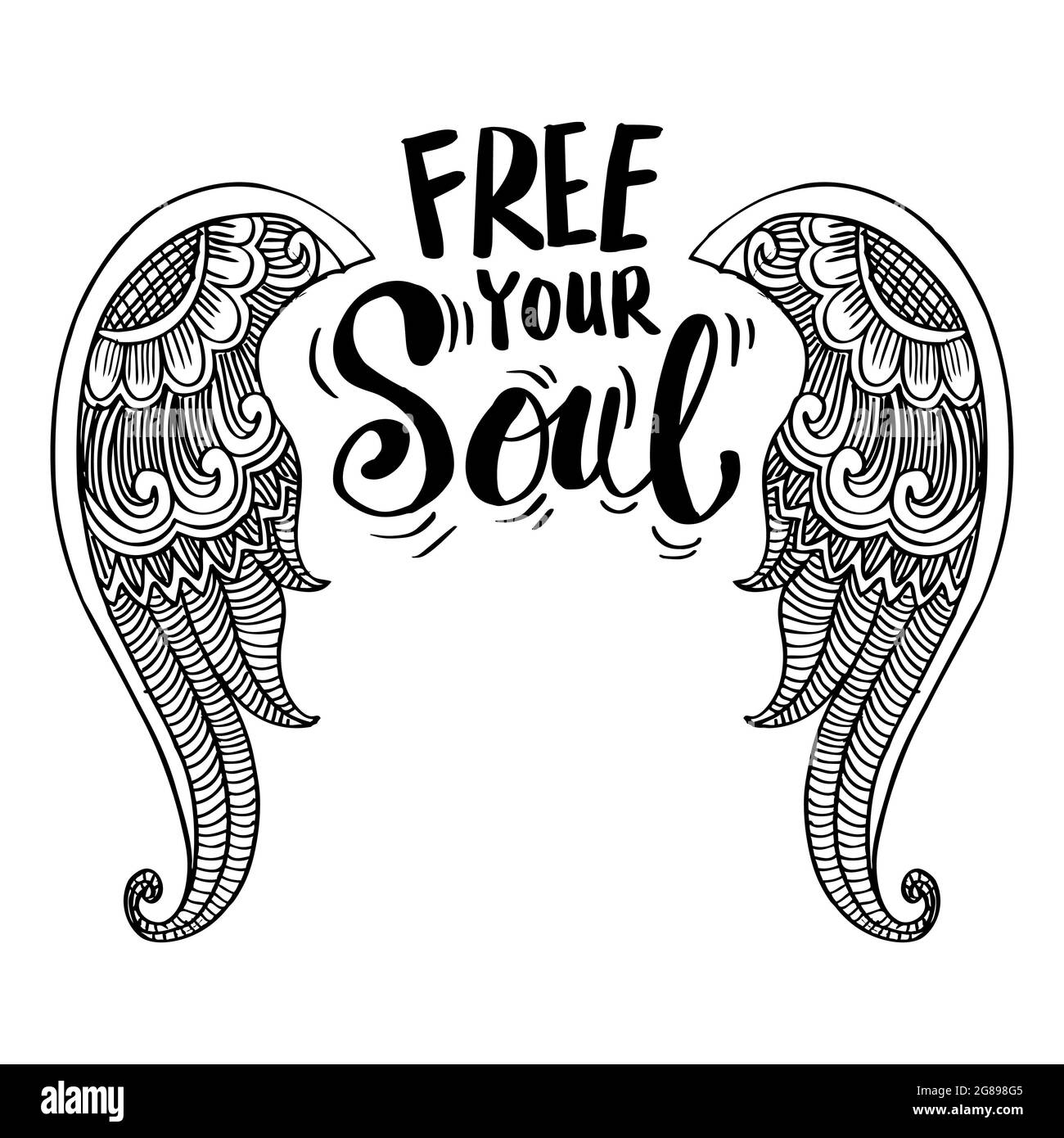 Free your soul hand lettering with wings. Motivational quote. Stock Photo