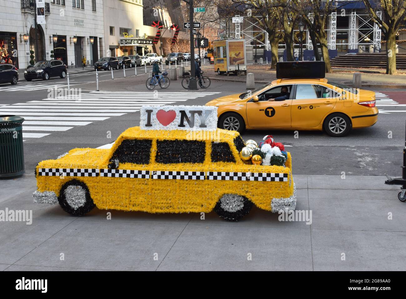 Two yellow cabs at a zebra crossing, December 13, 2021, in New York Stock Photo