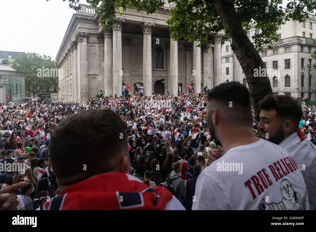 Crowd of English fans outside fan zone during the England vs Italy Euro 2020 final, Trafalgar